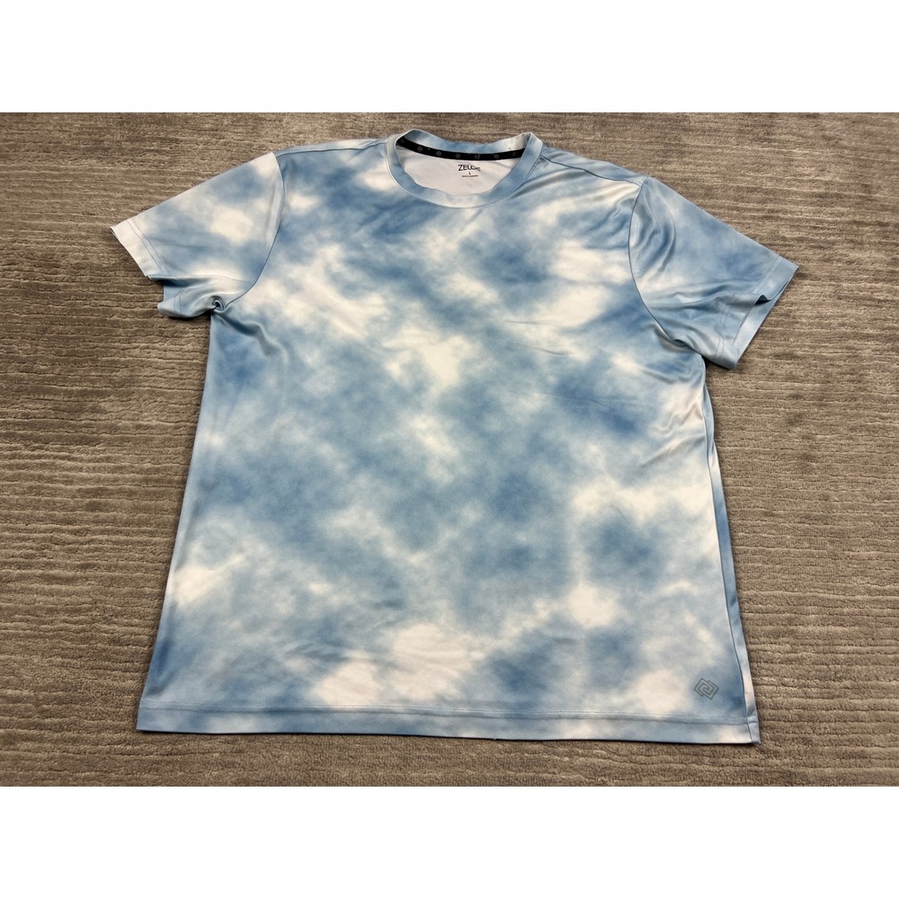 Zelos Performance Tee Mens L Blue Tie Dye Cloud Print Activewear Short Sleeve